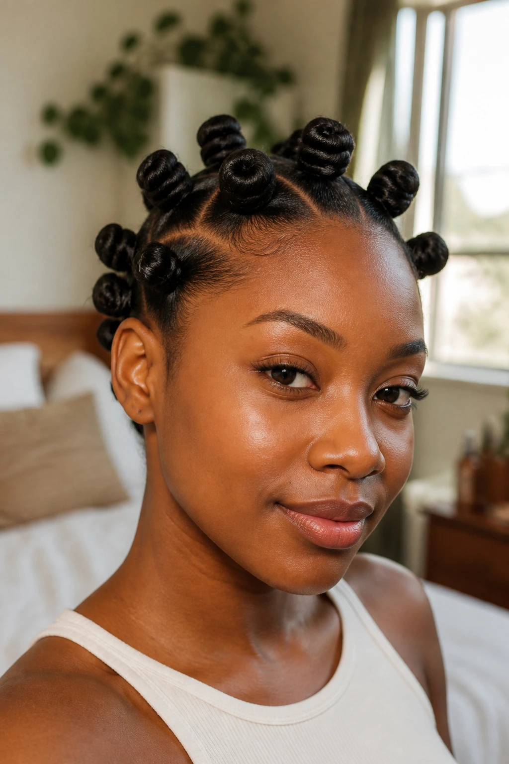 Close-up of a real woman with medium-sized Bantu knots in a cozy bedroom.