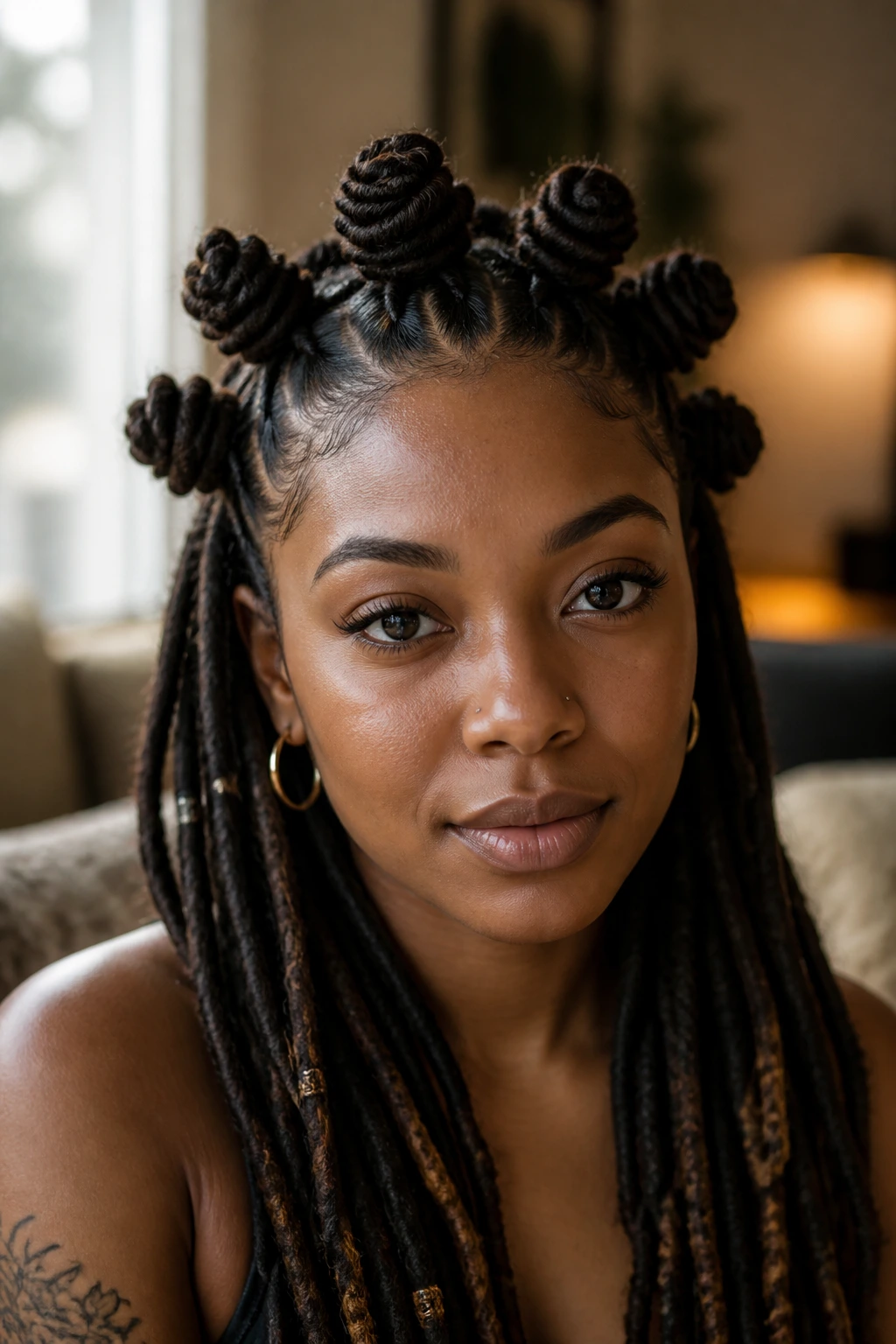 Close-up portrait of a real person with Bantu knots on long locs in a cozy indoor setting