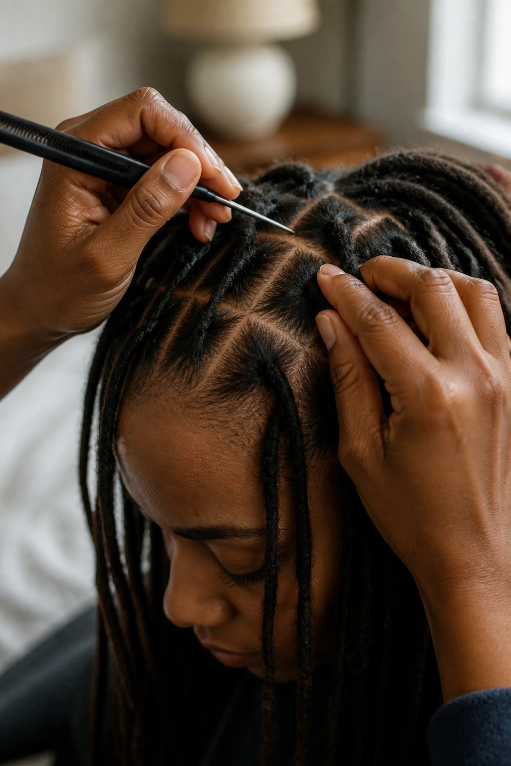 Close-up of a real person's scalp being prepped for Bantu knots with dry locs and a rat-tail comb