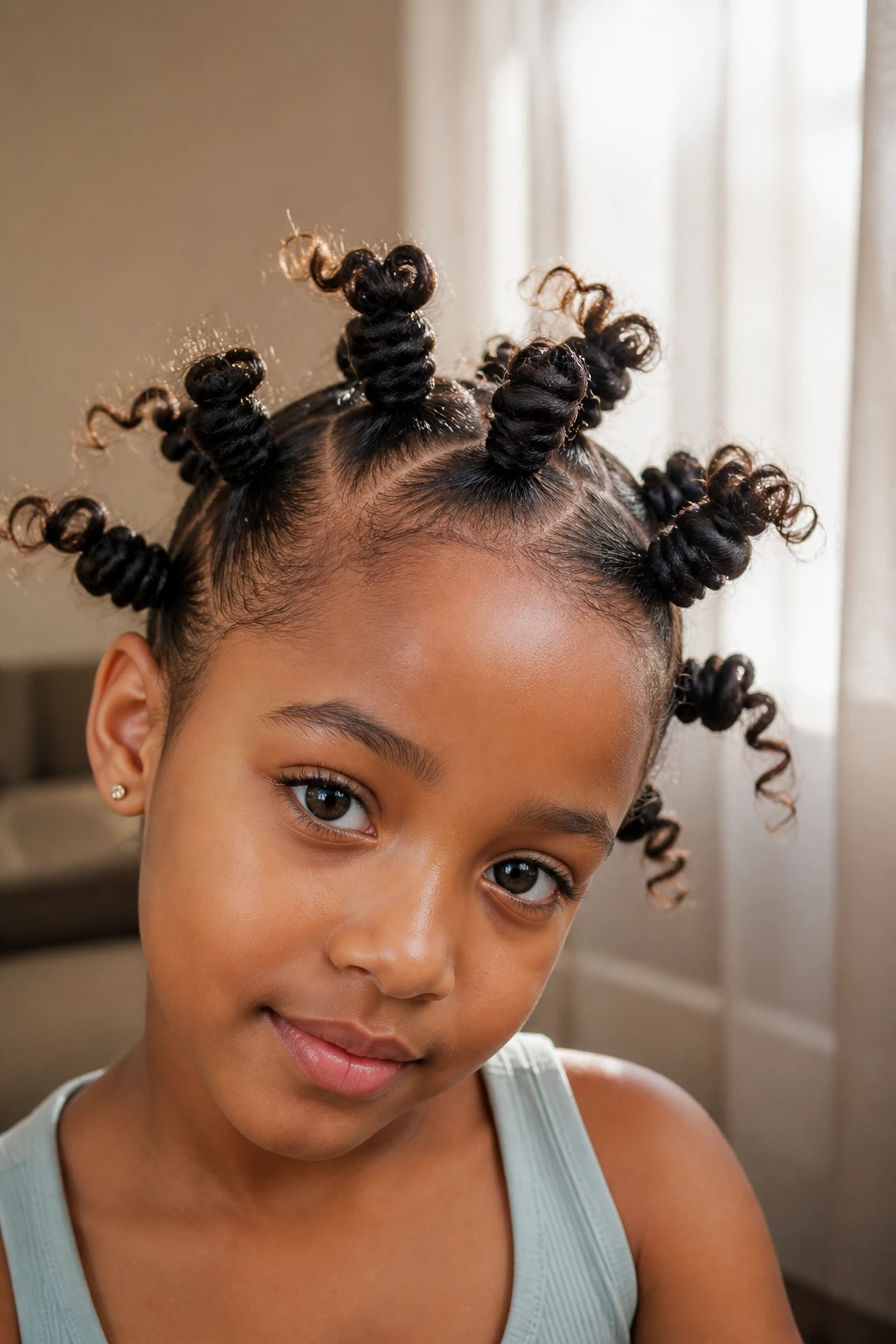 Close-up of a real child with bantu knots and loose curly ends.