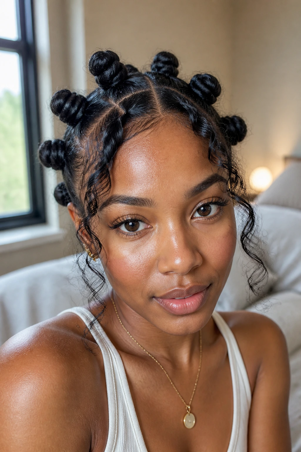 Close-up portrait of a real woman with soft bantu knots and loose front pieces, natural window light