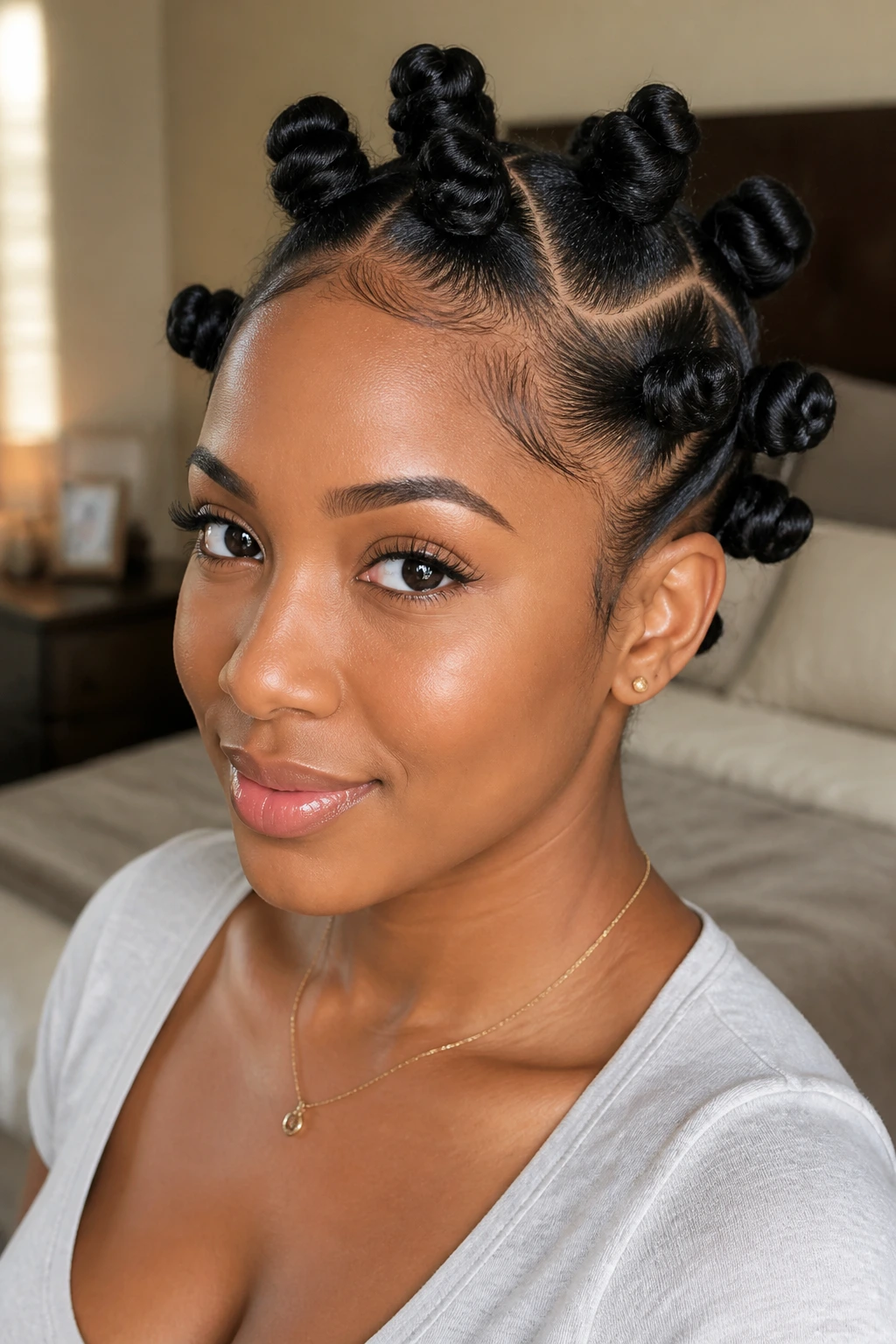 Close-up of real woman with curved-part Bantu knots on relaxed hair in a cozy bedroom