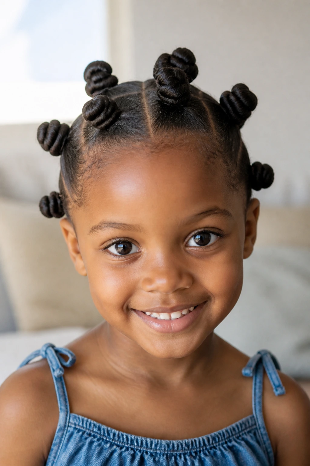 Close-up of a real child with multiple Bantu knot buns on a stretched afro