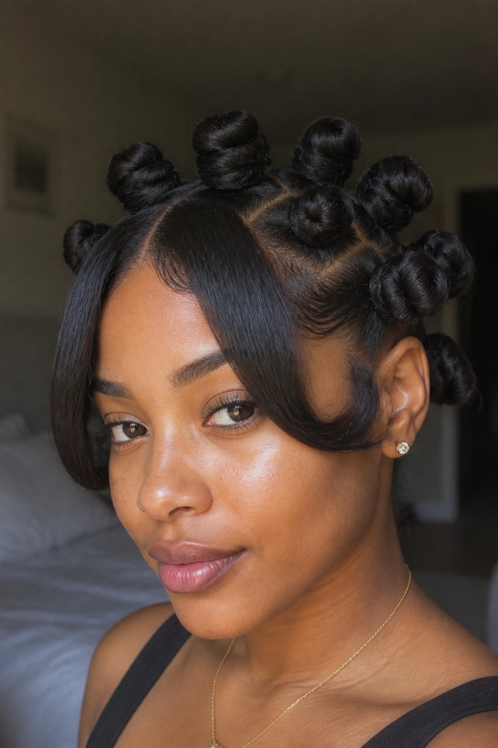 Close-up of a real woman with protective-style bantu knots and tucked bangs filling the frame