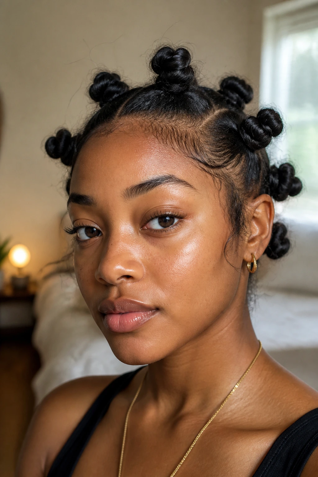 Close-up portrait of a real woman showing soft, undone Bantu knots on straight hair in warm bedroom lighting