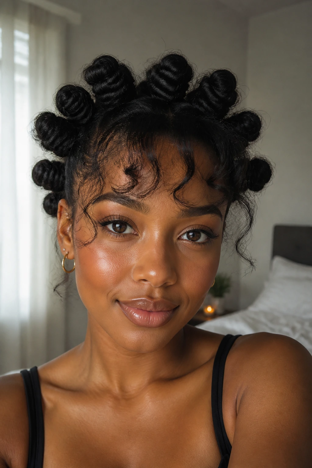 Knot Crown Wispy Fringe close-up of real woman with bantu knot crown and wispy fringe