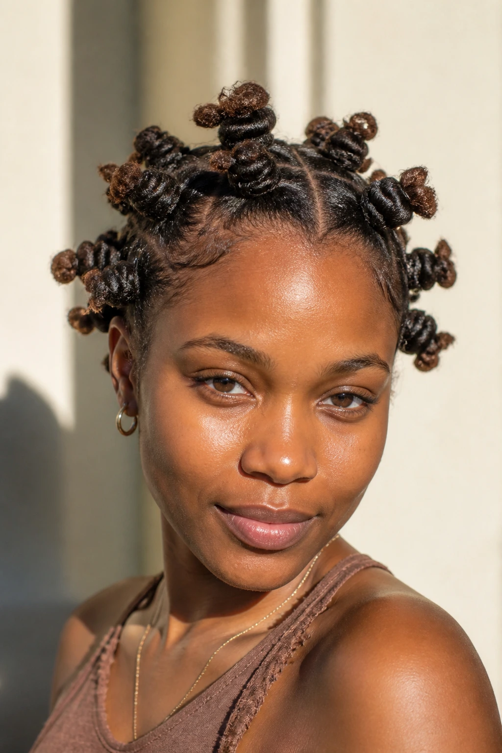 Close-up of a real woman with barrel-end Bantu knots showing loose ends at the outer edges