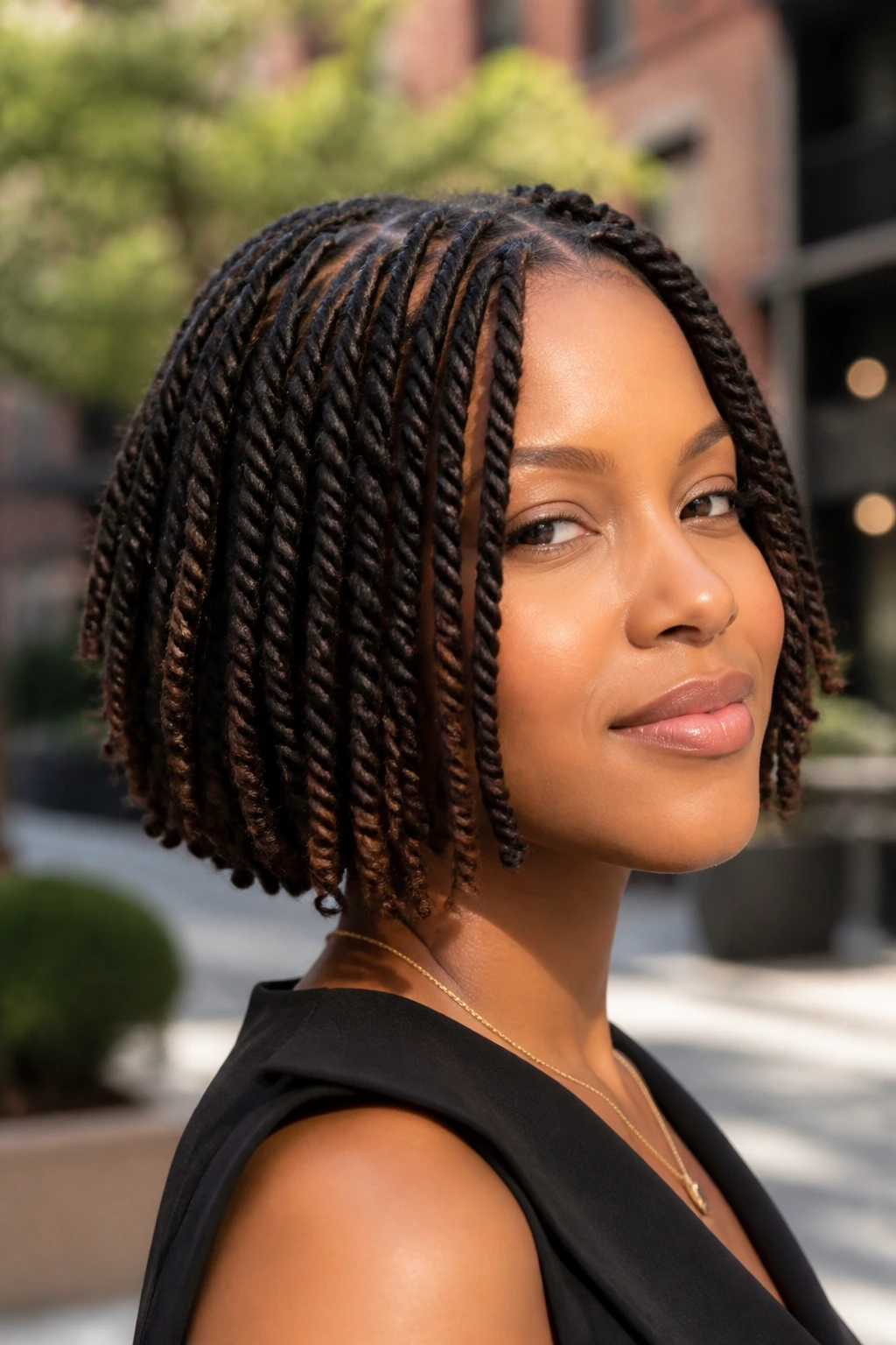 Close-up of a real person with barrel-twisted locs forming a sculpted jaw-length bob