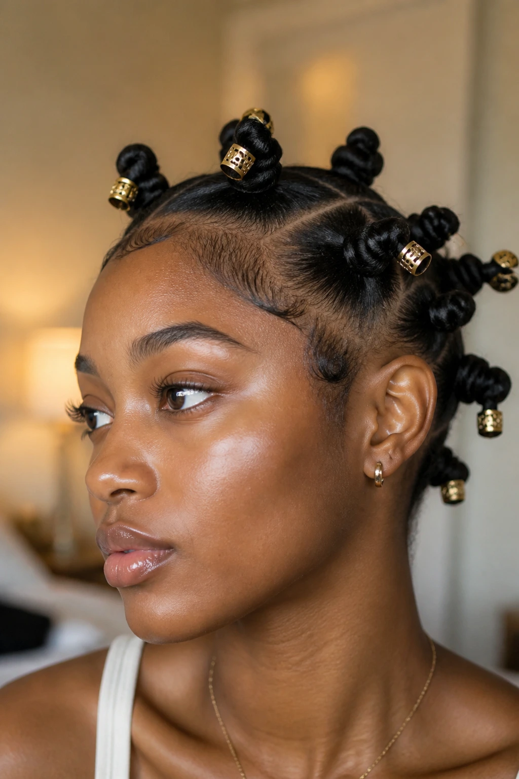 Real person with beaded ends on Bantu knots, beads at knot ends