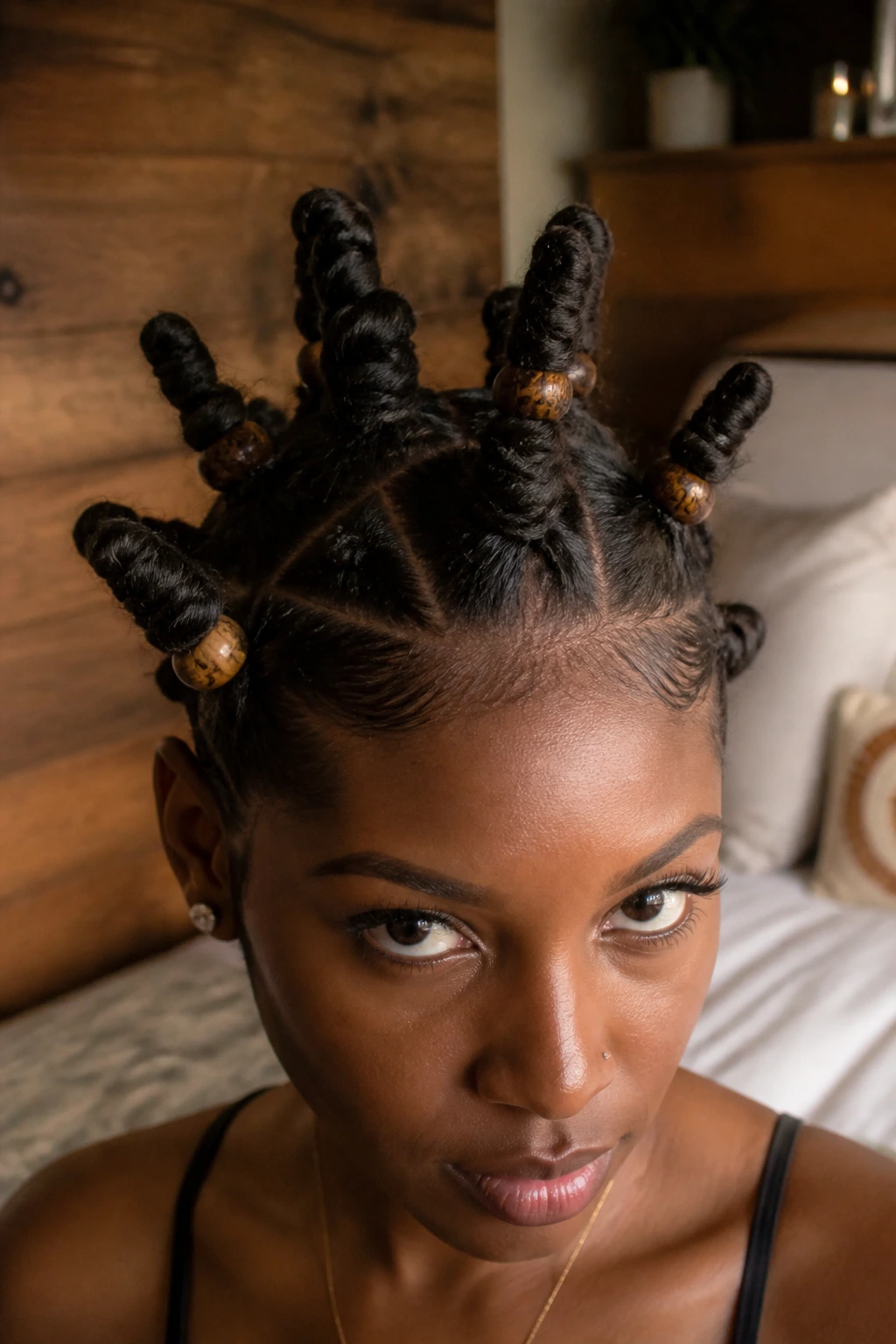 Close-up of a real person with tall beaded knots on the crown