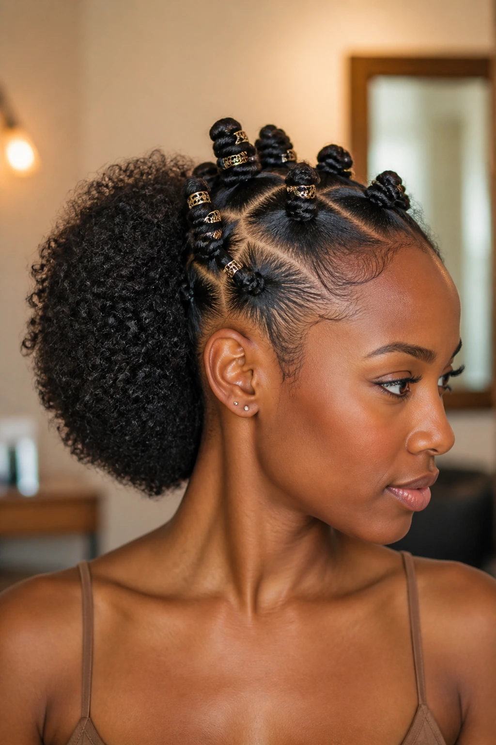 Close-up of beaded knots with a defined puff back hairstyle