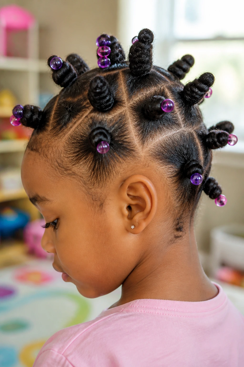 Real child with bantu knots ending in small beads