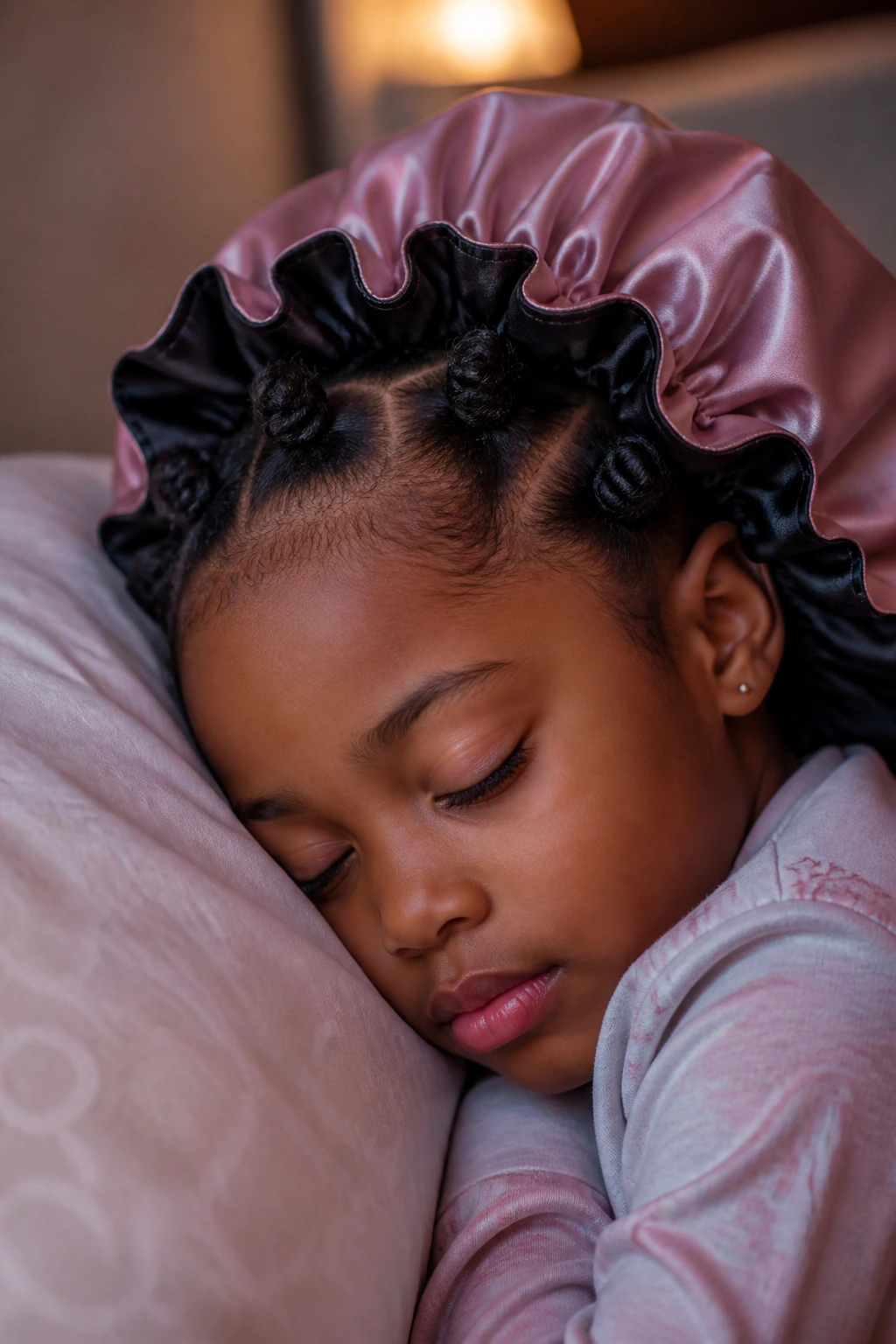 Child with low-tension bedtime bantu knots under a satin bonnet