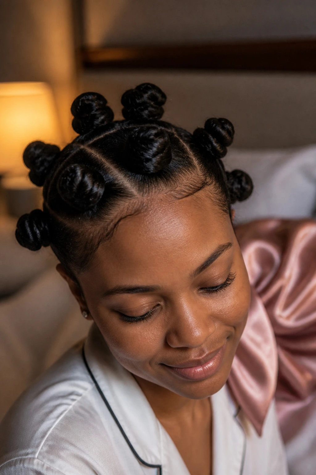 Close-up of a real woman with bedtime protective Bantu knots and satin scarf in a cozy bedroom