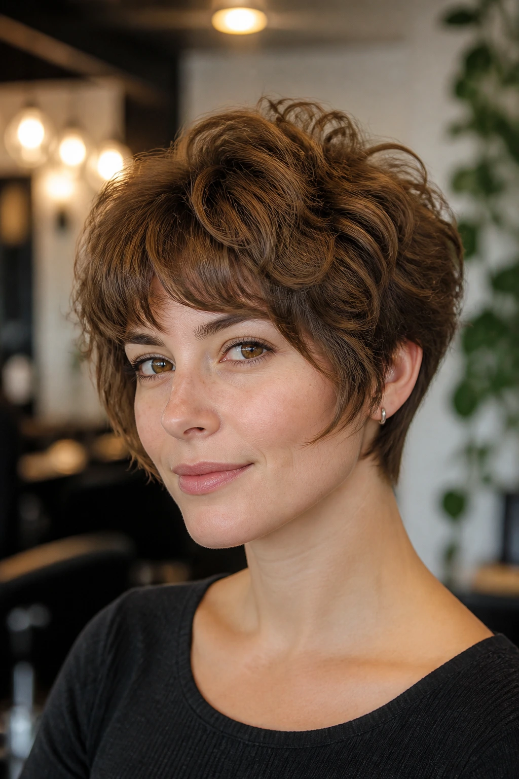 Portrait of a real woman with a bixie-bob and short perm