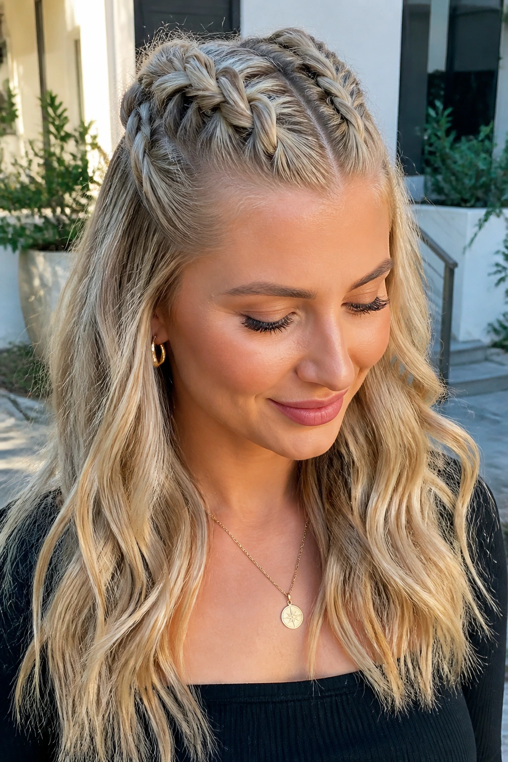 Close-up of blonde-haired woman with two Dutch braids and half-up hair.