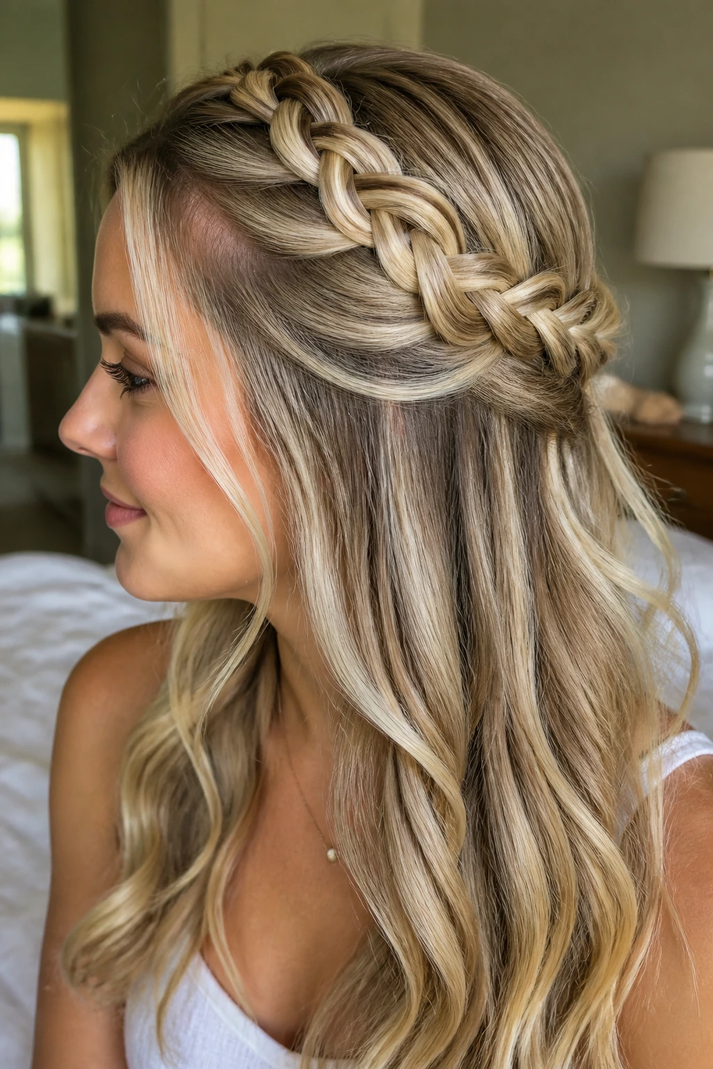 Close-up of a blonde woman wearing a classic Dutch braid half-up.
