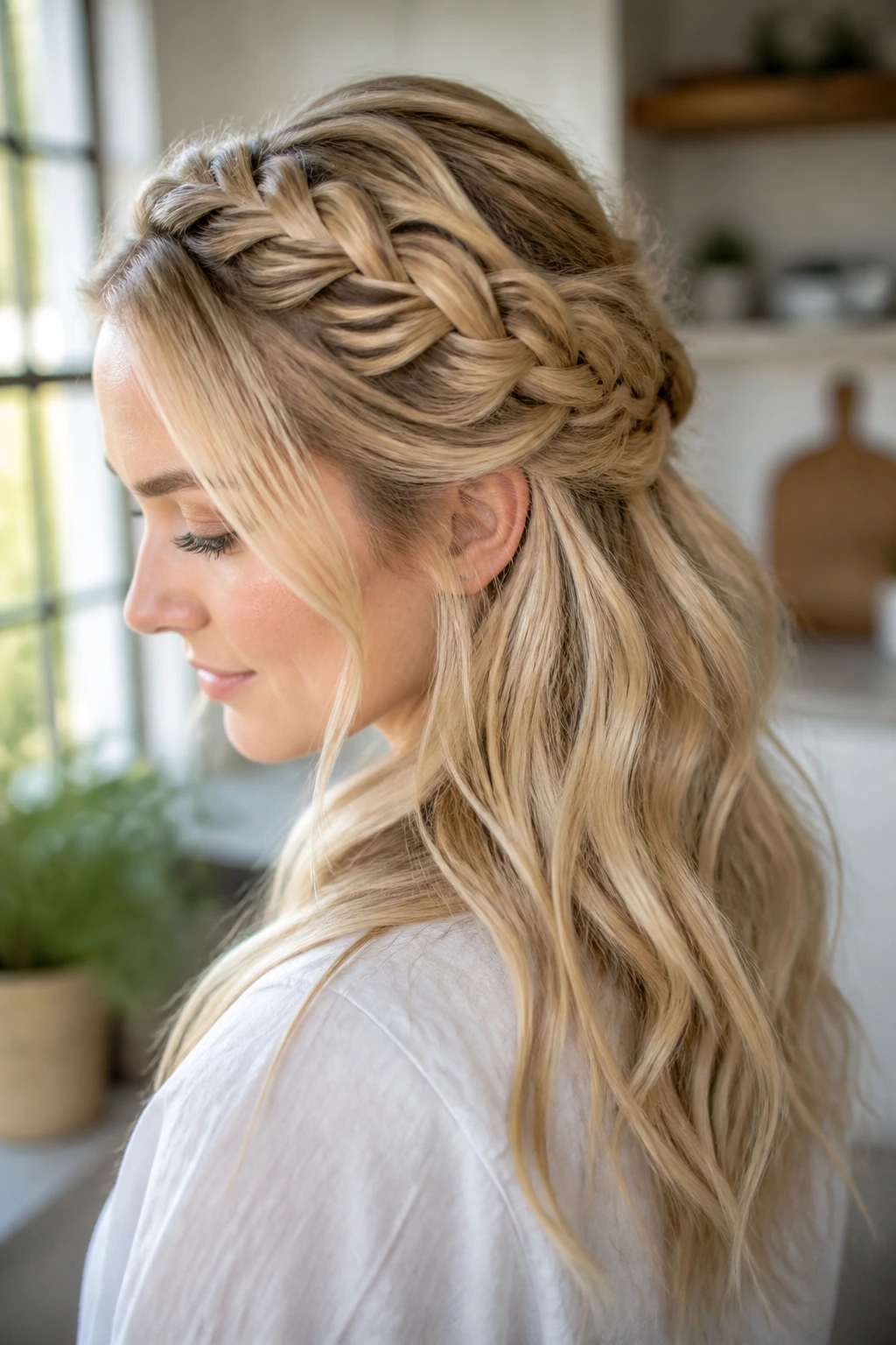 Close-up of blonde-haired woman with textured French braid half-up.