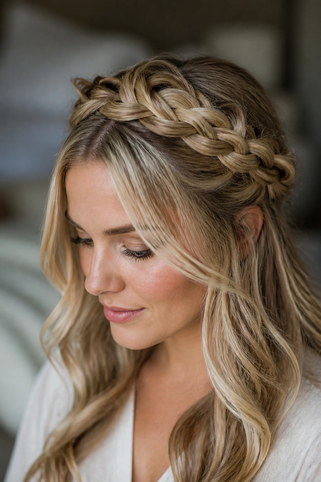 Close-up of blonde-haired woman with a halo braid half-up hairstyle.