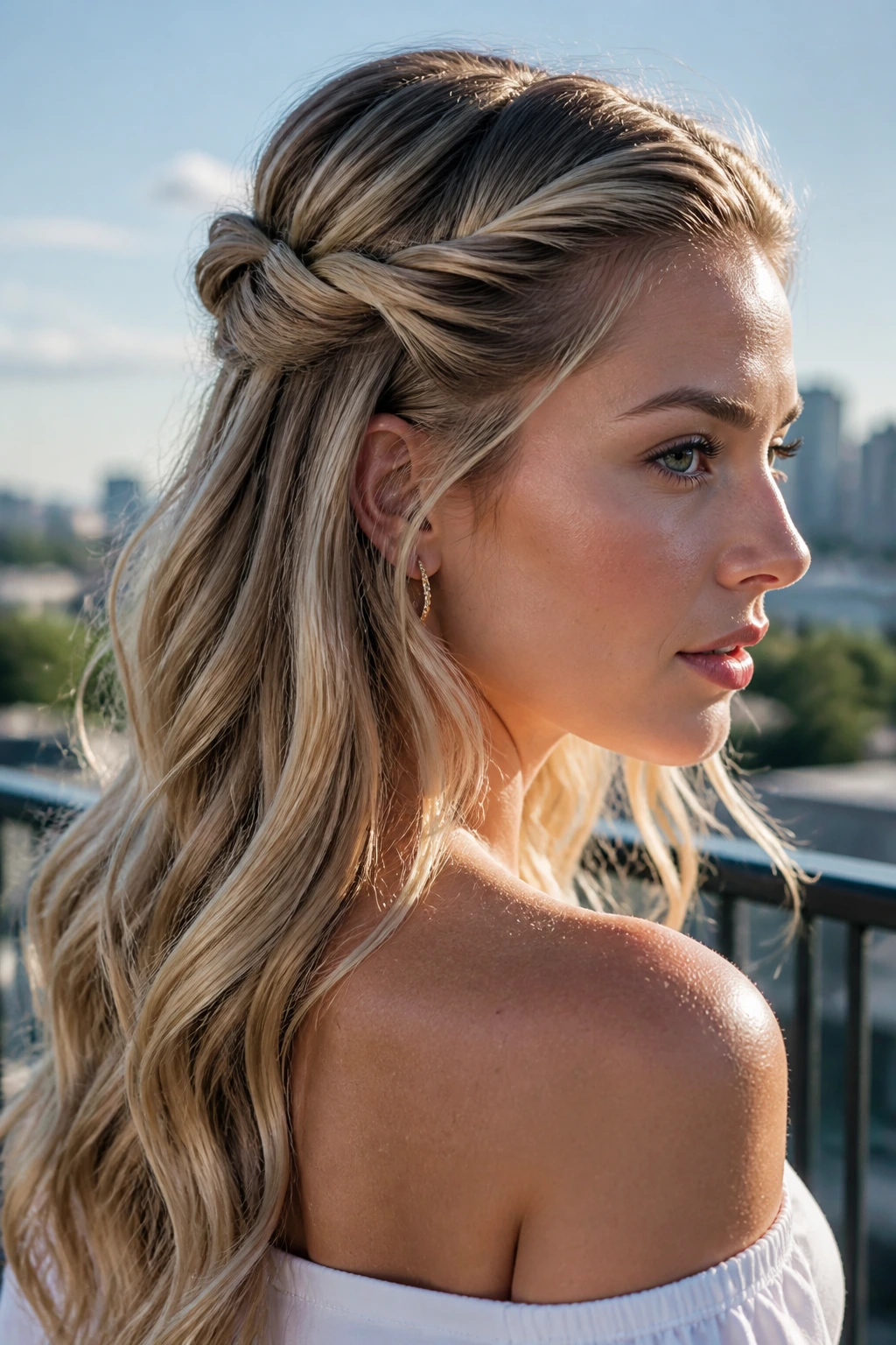 Close-up of blonde-haired woman with two twists in a half-up style.