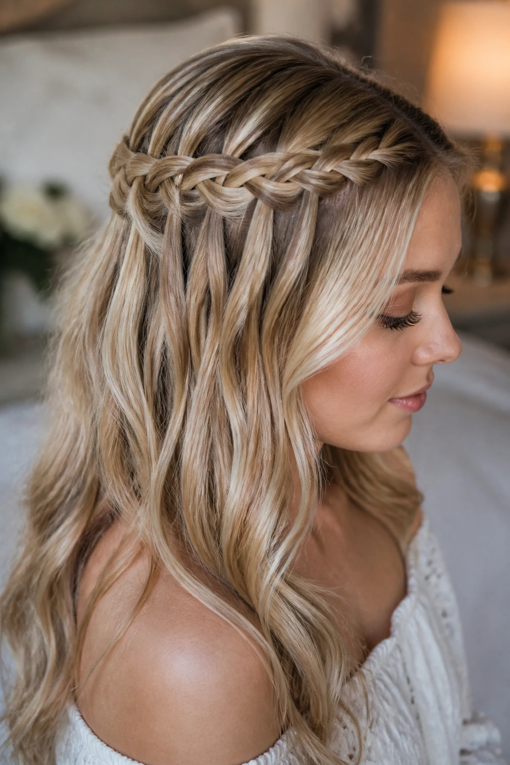 Close-up of blonde-haired woman with a waterfall braid half-up.
