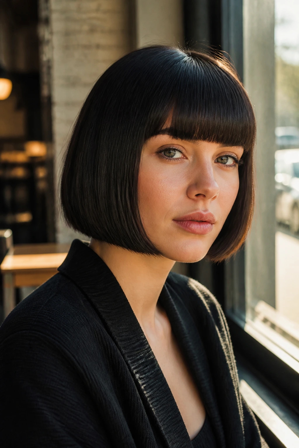 Close-up of a real woman with a jaw-length straight bob and blunt bangs in warm cafe light.