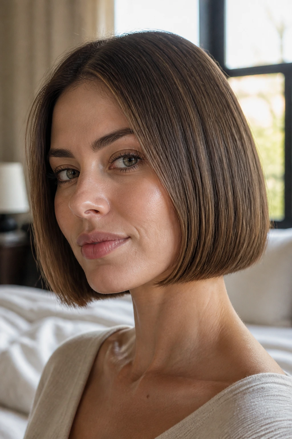 Close-up portrait of a real woman with a chin-length blunt bob showing the bottom edge of the cut