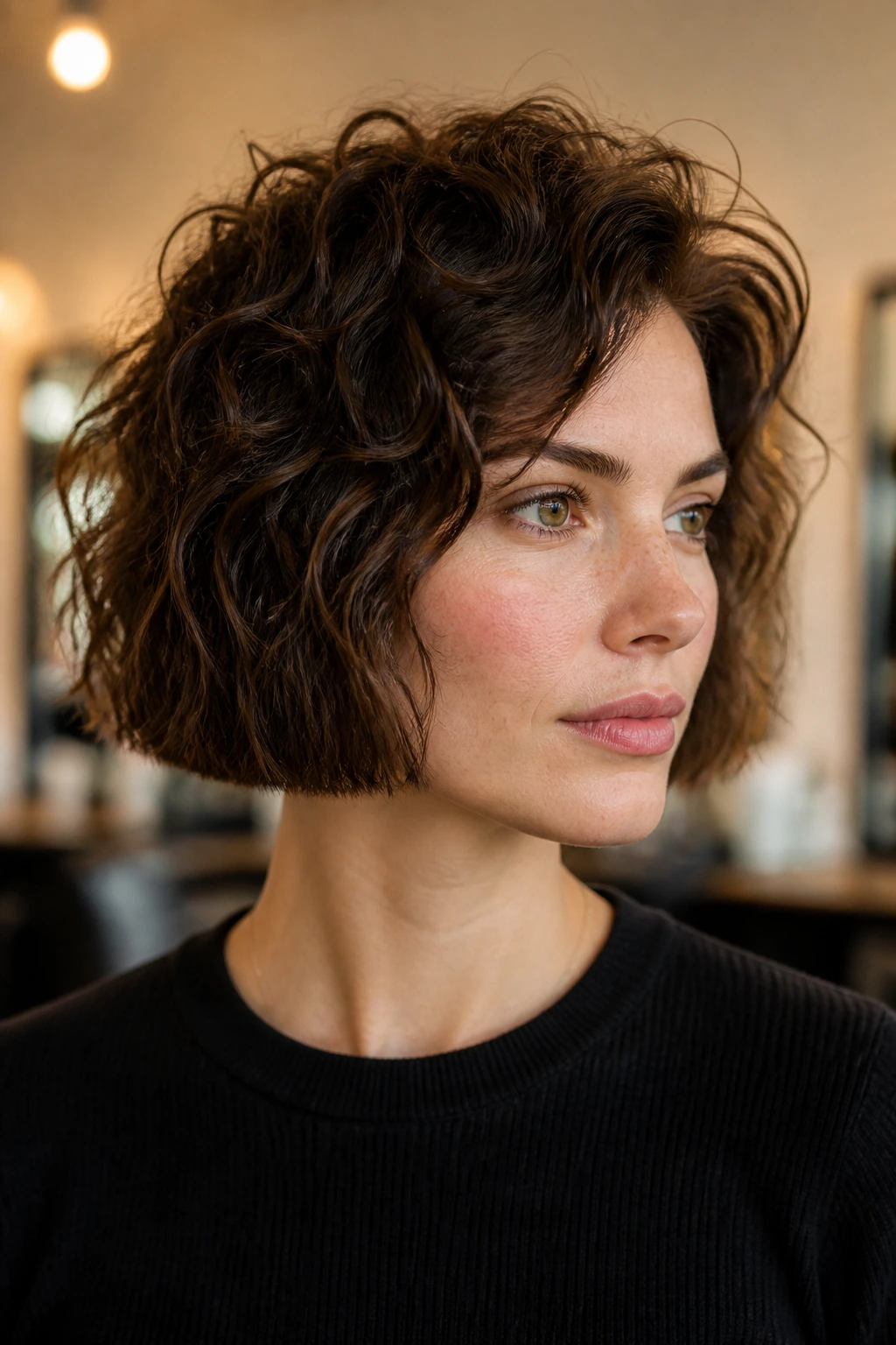 Close-up portrait of a real woman with a crown-permed blunt bob in a warm salon