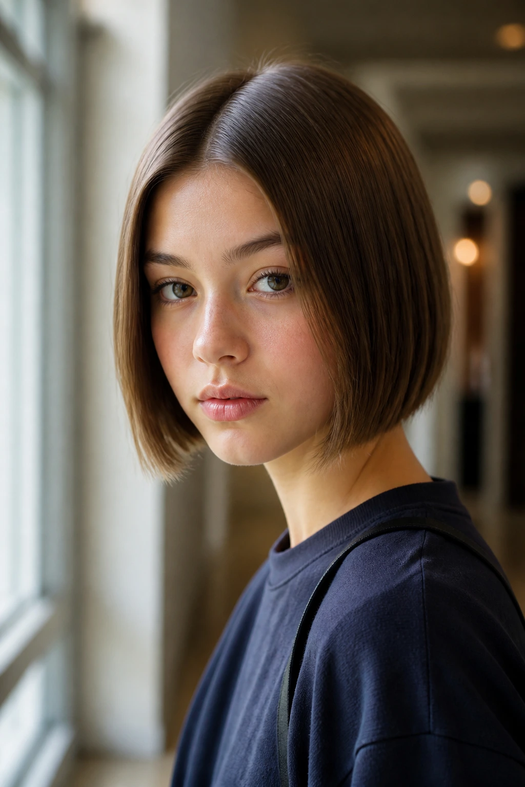 Close-up of a real teen girl with a blunt middle-part bob in bright hallway light