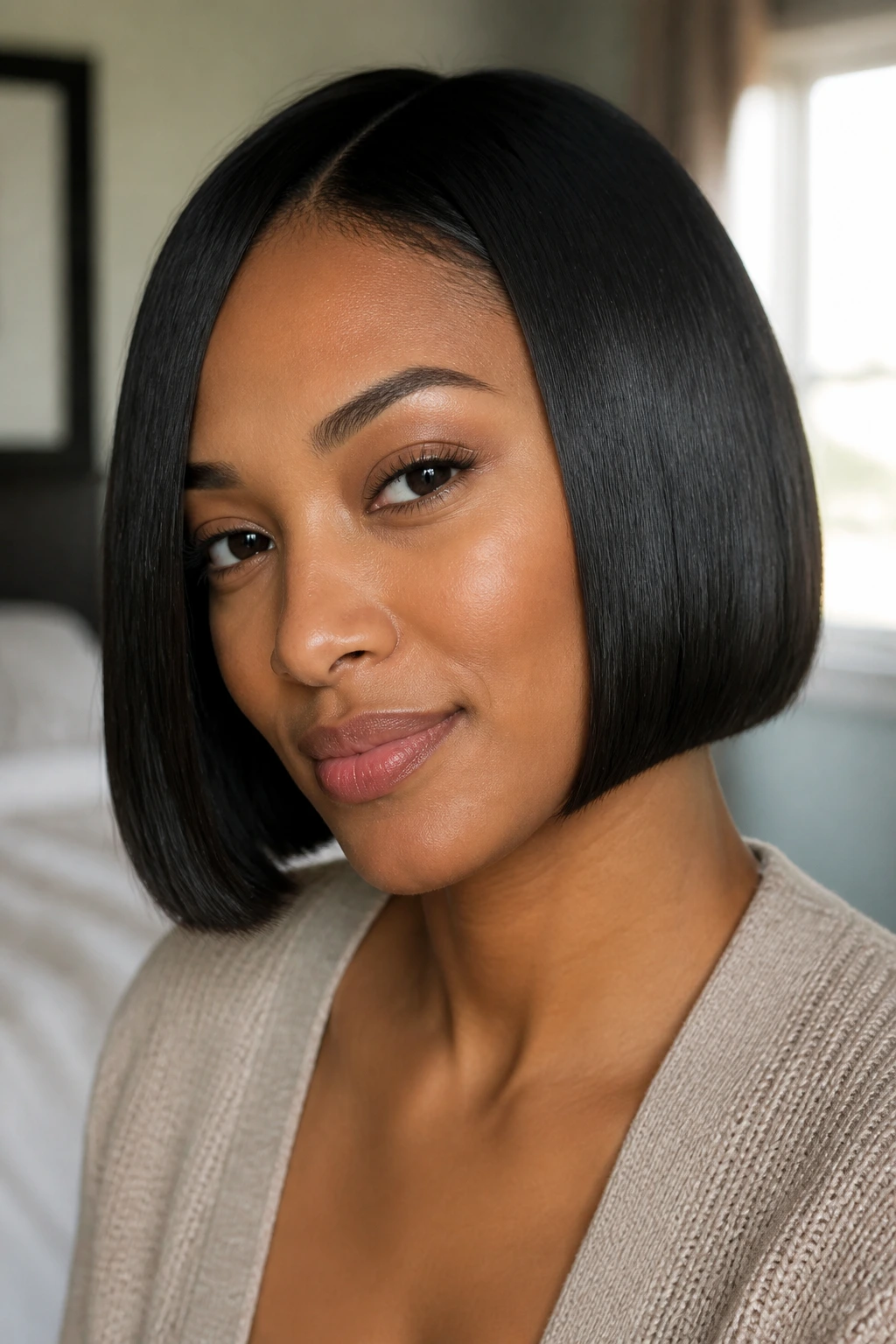Close-up portrait of a real woman with a blunt bob hairstyle in a cozy bedroom with natural light