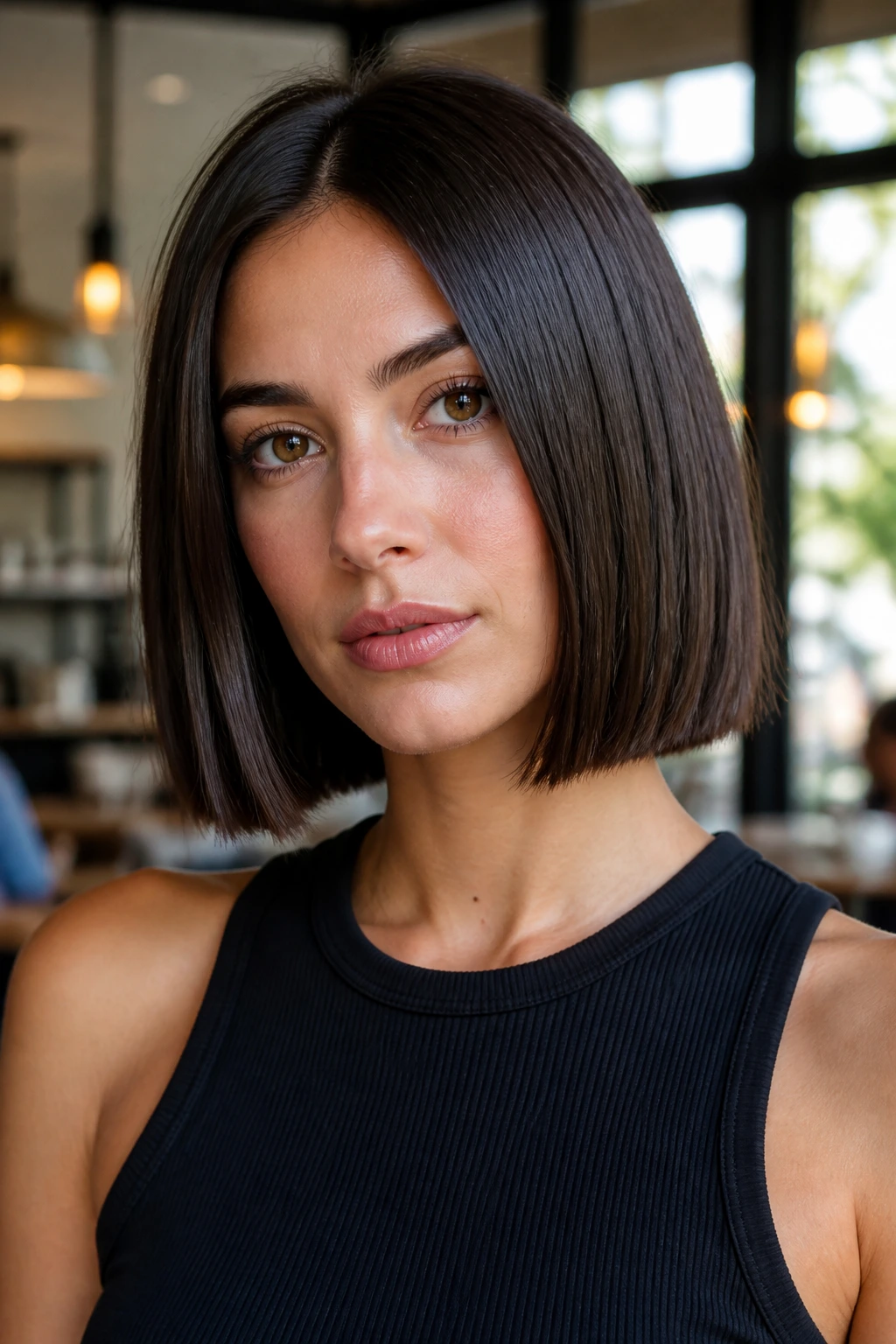 Close-up of a woman with a blunt bob at collarbone