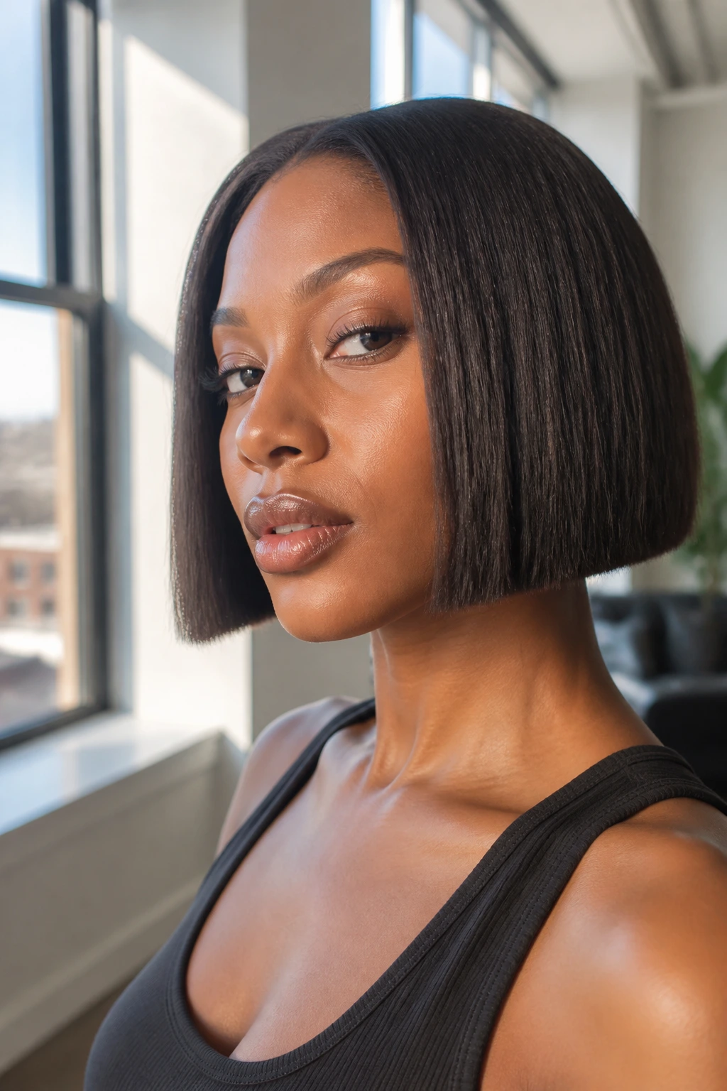 Close-up portrait of a real woman with blunt bob on stretched natural hair