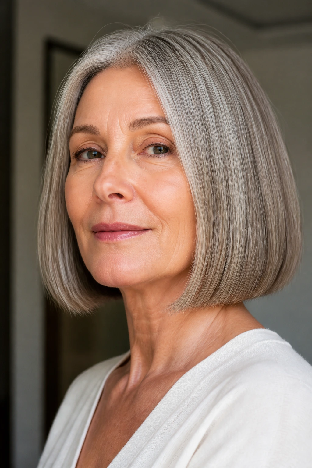 Portrait of a woman with a blunt bob and silver hair in soft indoor light.