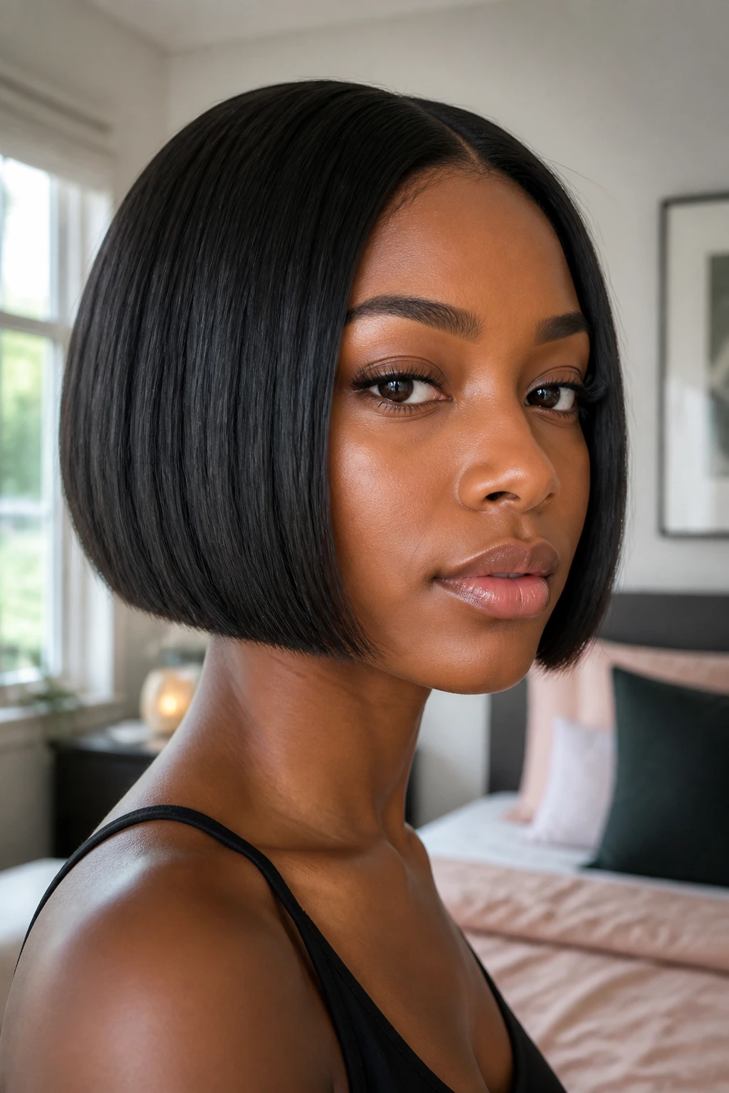 Close-up portrait of a real person with a blunt chin-length bob and middle part in natural window light
