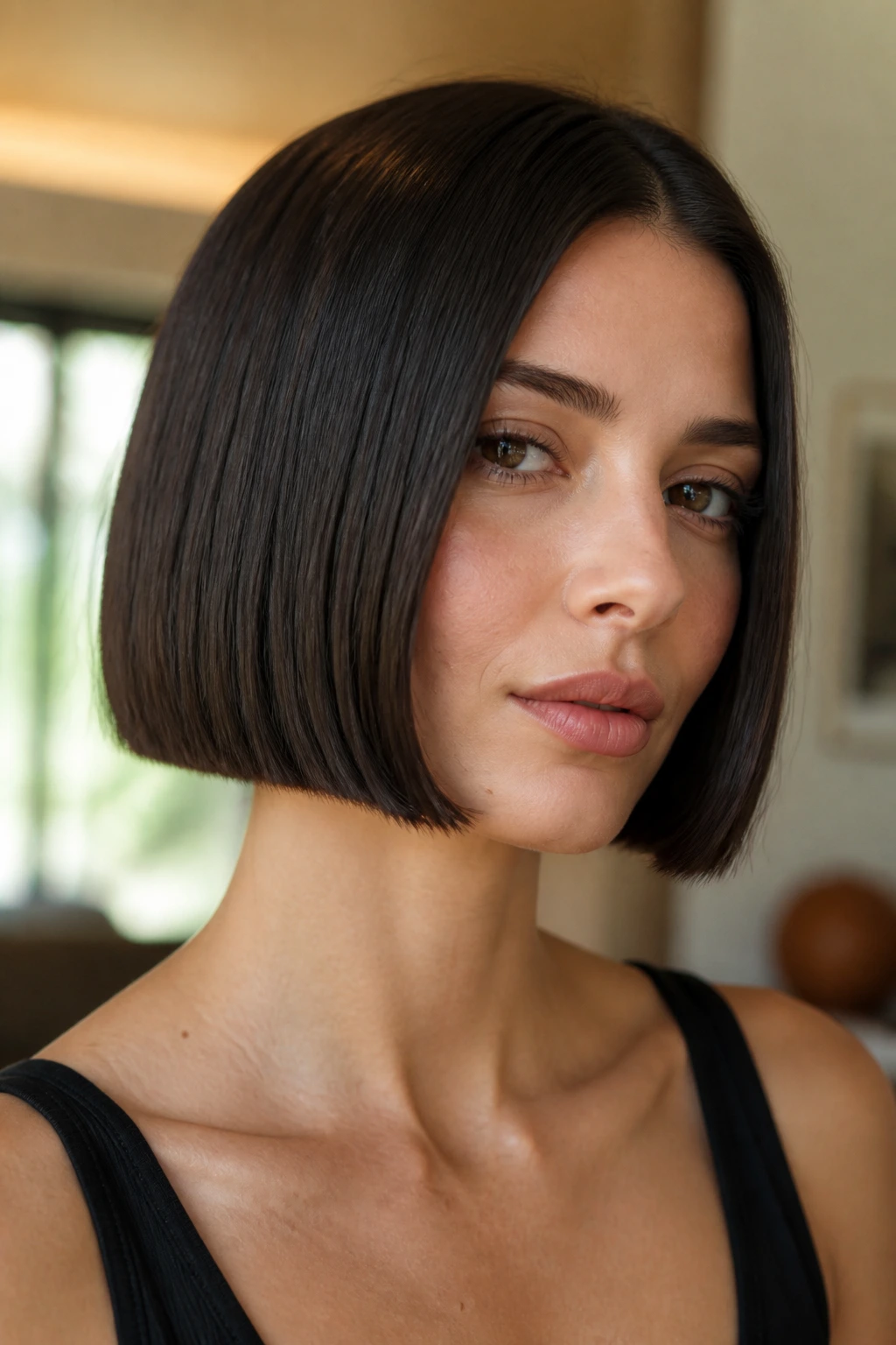Close-up portrait of a real woman with a blunt chin-length bob and crisp straight edge
