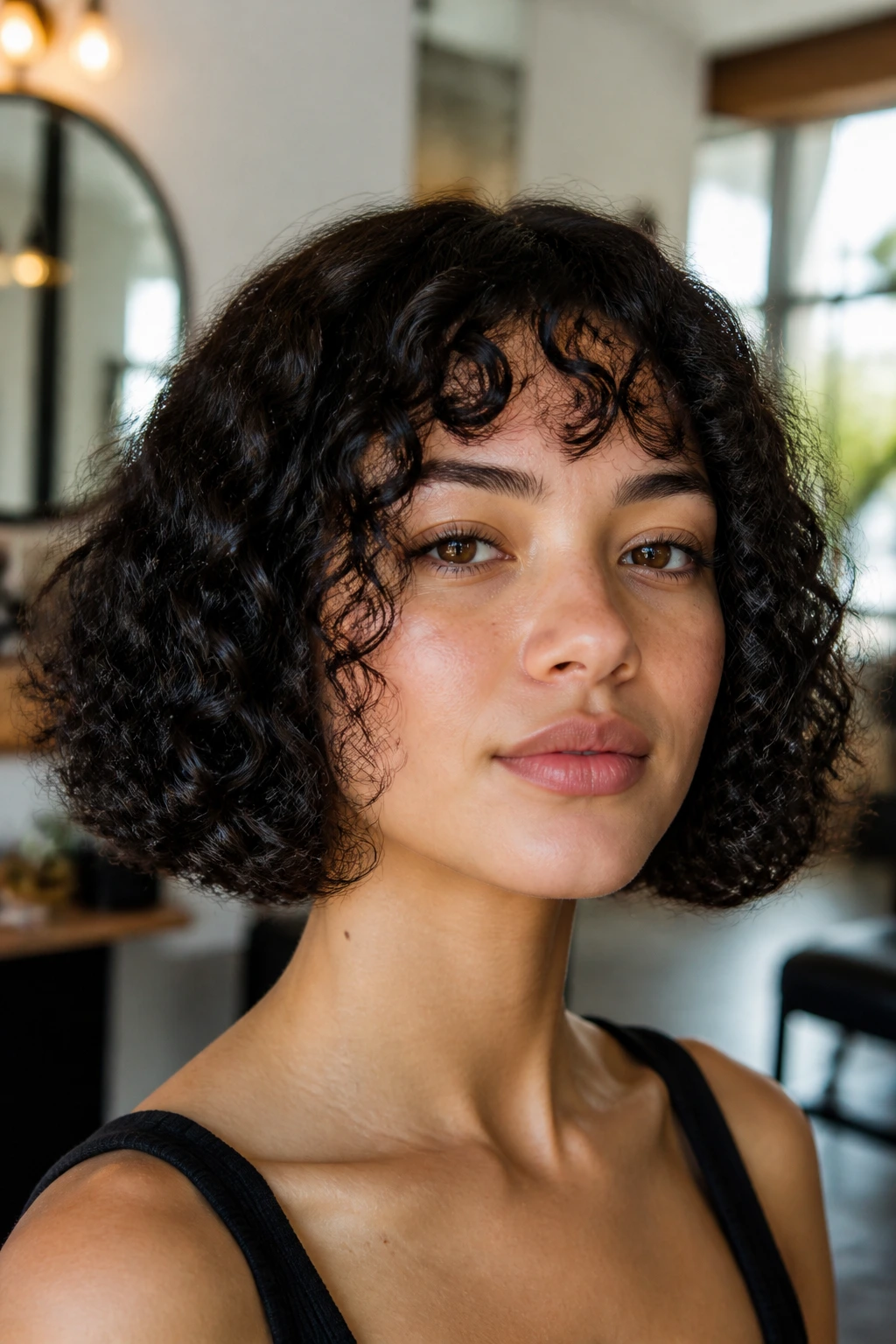 Close-up of a real woman with a blunt curly bob in warm natural window light.