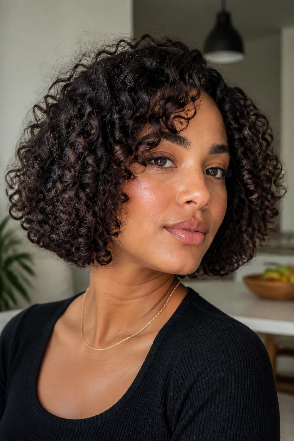 Close-up of a real woman with a blunt curly bob and invisible long layers.