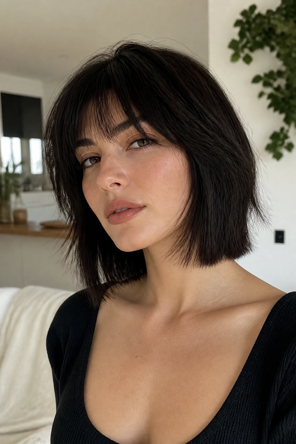 Real woman with blunt-edge wolf cut bob in soft daylight.