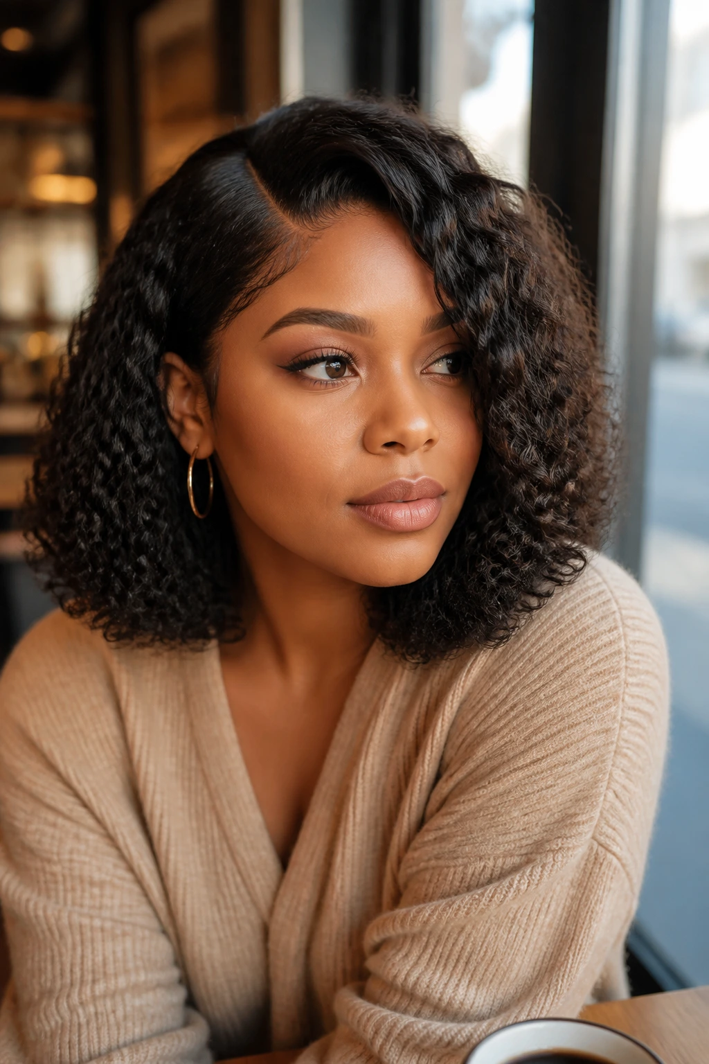 Real woman wearing collarbone-length curly wig with blunt ends and side part.