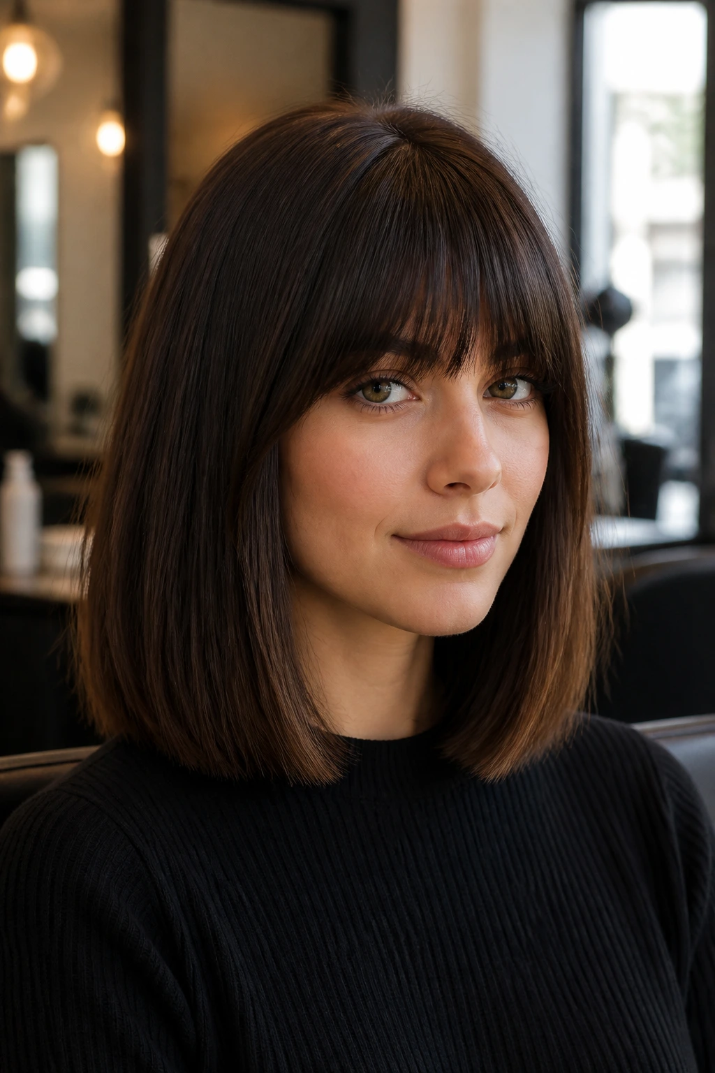 Close-up of a real woman wearing a blunt long bob with full fringe in a modern salon.
