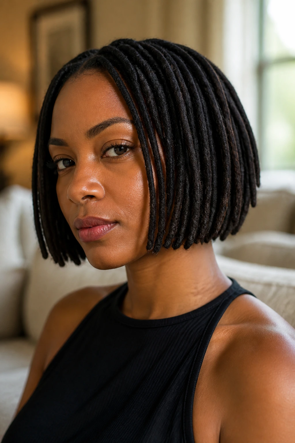 Close-up of a real woman with blunt chin-length loc bob and crisp jawline