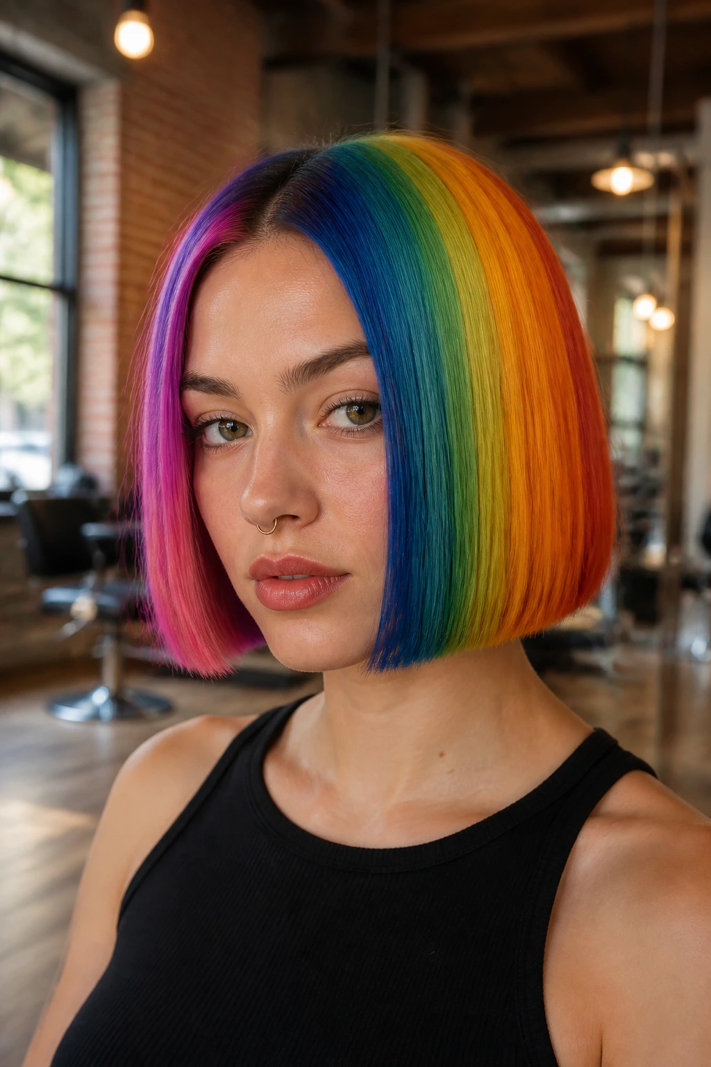 Close-up portrait of a real person with a blunt prism rainbow bob, crisp color blocks from root to tip