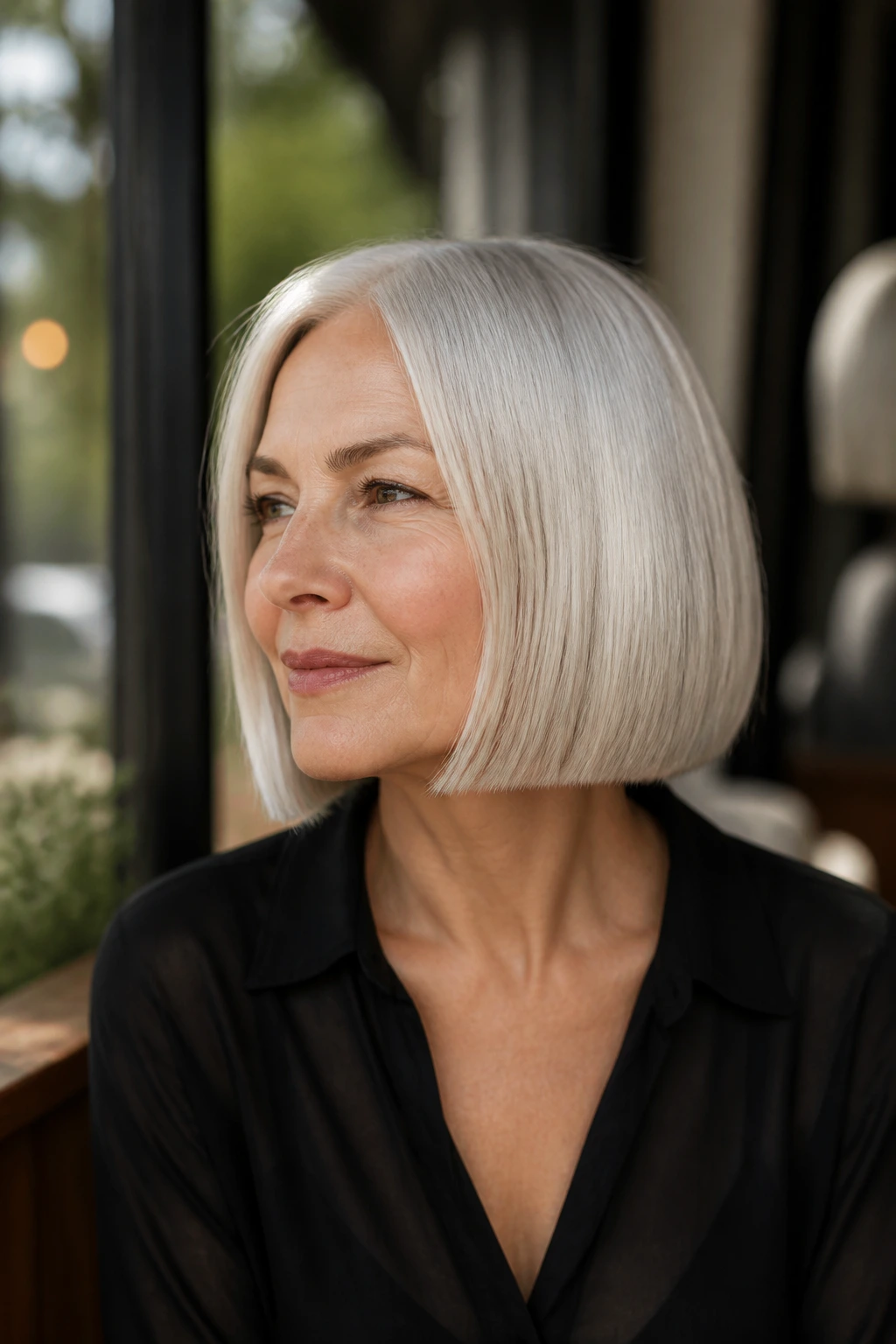 Close-up portrait of a real woman with a blunt jaw-length silver bob, crisp edge and subtle bevel