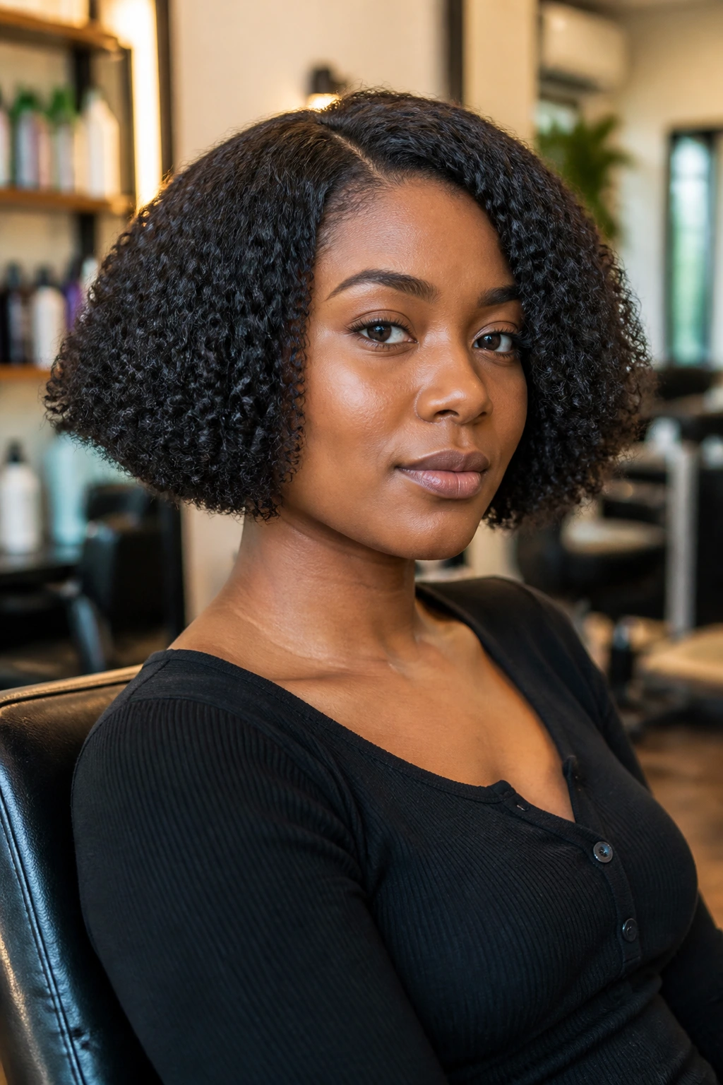 Portrait of a Black woman in a salon chair ready to discuss her bob cut