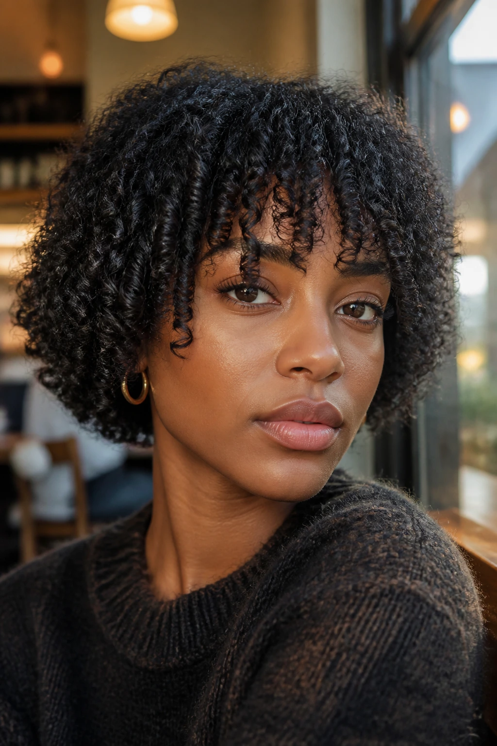 Close-up portrait of a real woman with curly bangs bob
