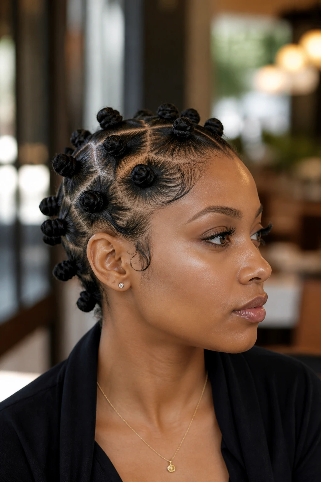 Close-up of a real person with bob-length knot set on short straight hair