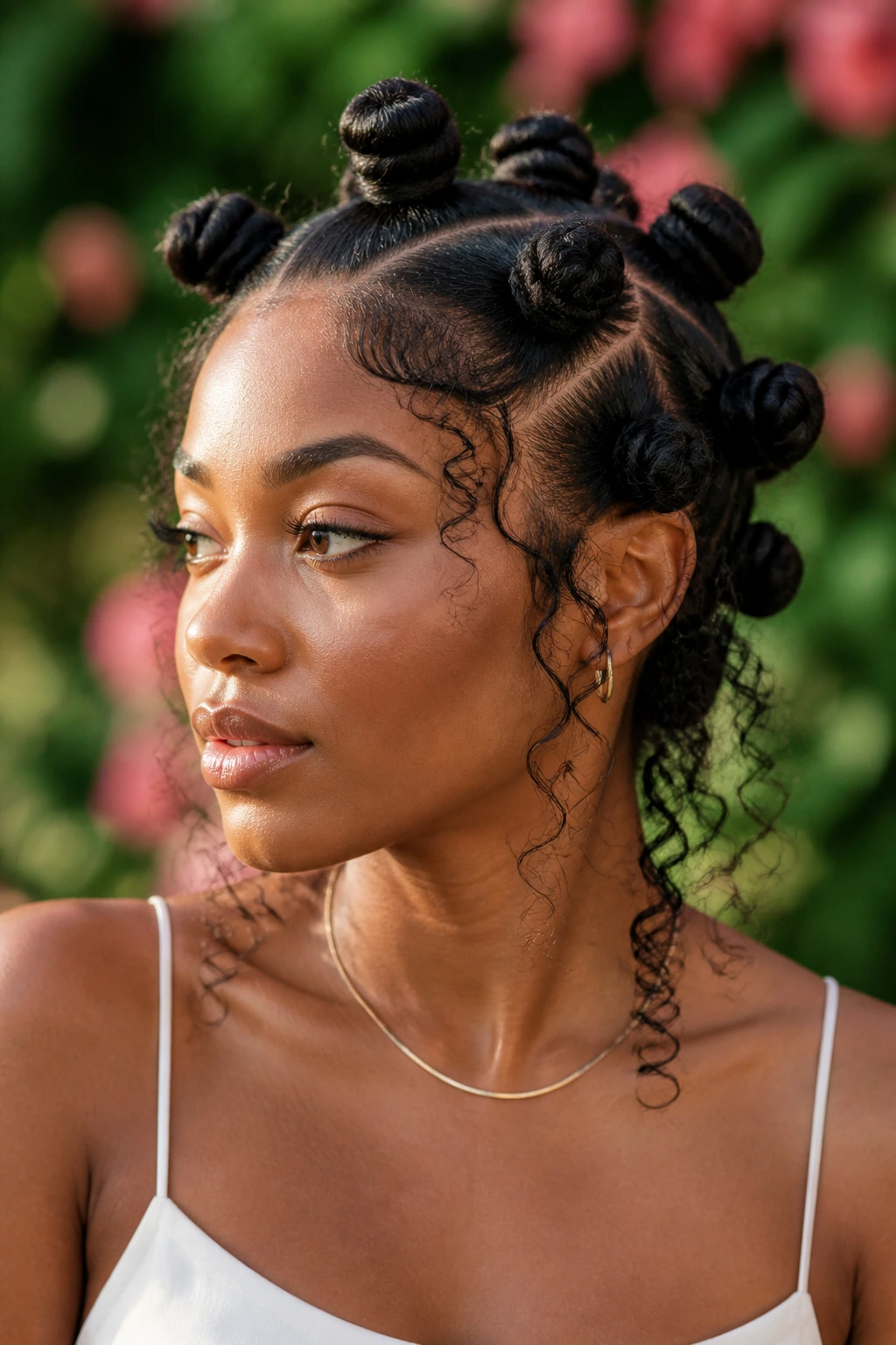 Boho Bantu knots with curly wisps around the hairline on a real person.