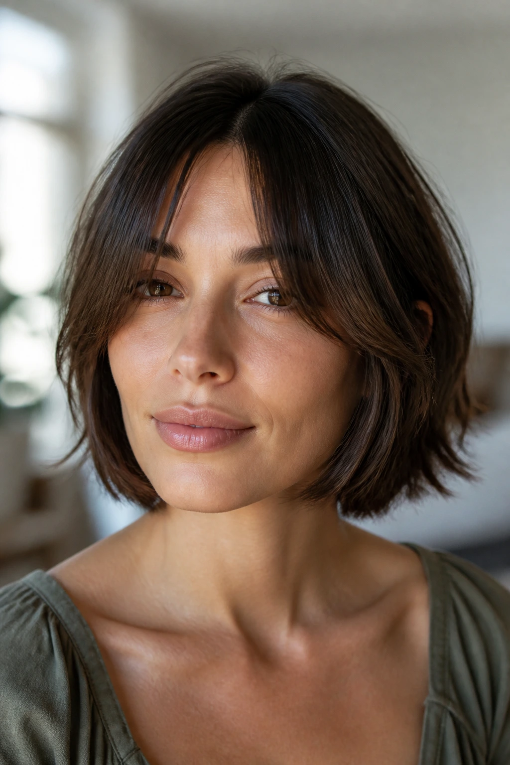 Close-up portrait of a real woman with bottleneck bob and soft curtain bangs under warm light