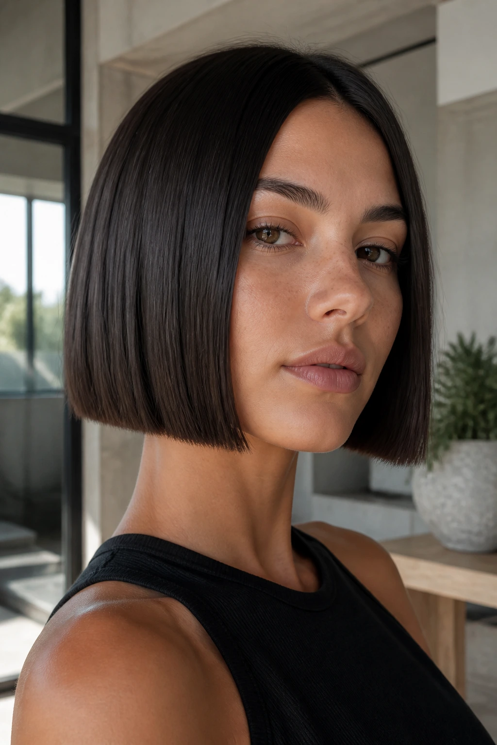 Portrait of a real woman with a square boxy bob