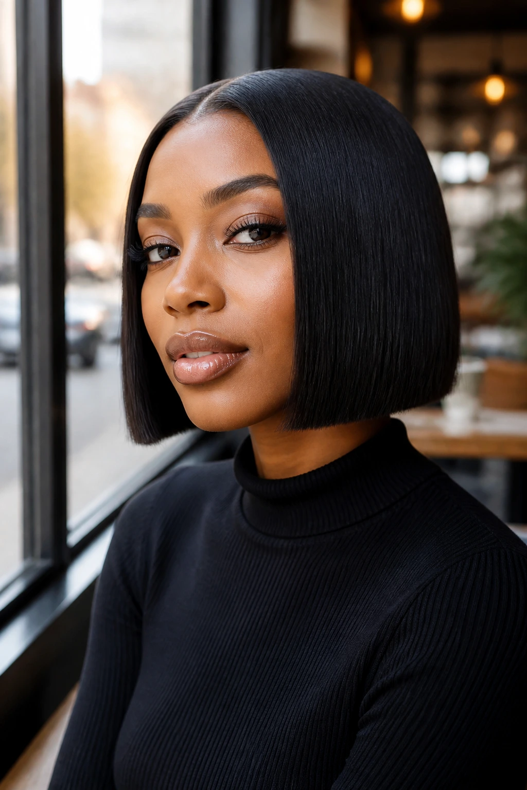 Close-up of a real Black woman with a box bob and square corners in daylight